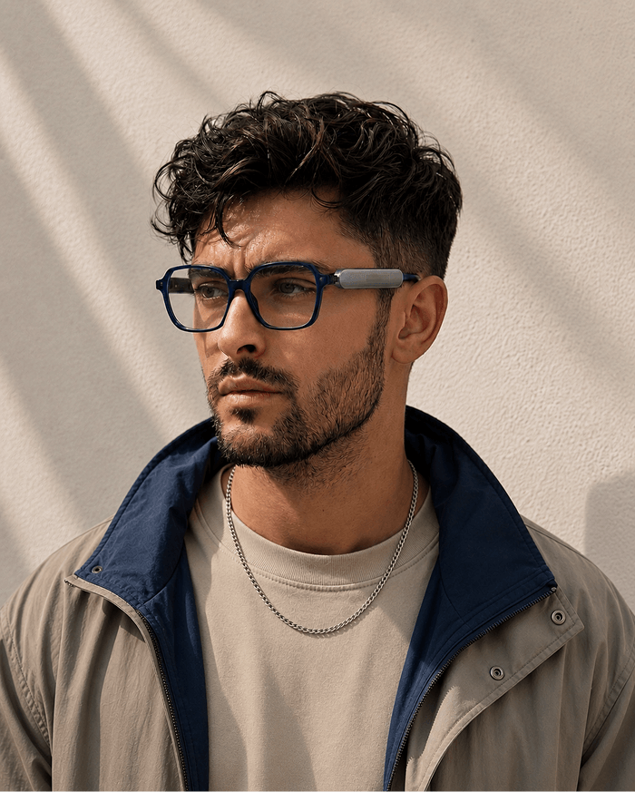 Person wearing glasses with Benev.Clip personal AI, always close